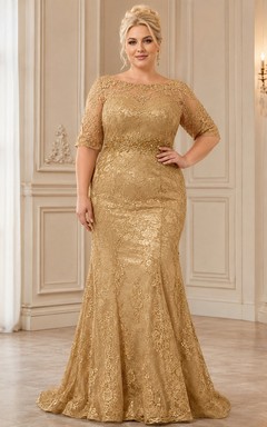 Vestido de sirena de encaje con lentejuelas y cuello joya dorado de lujo, talla grande, para madres.