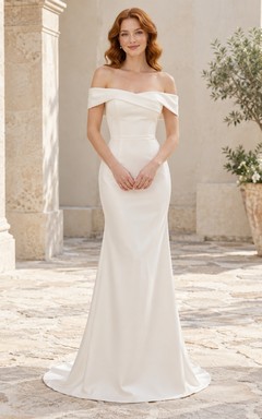 Simple Off Shoulder Satin Fitted Sheath Sweep Train Wedding Dress
