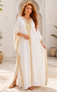 White Gold Chiffon Bell Sleeve V-Neck Split A-Line Floor Kaftan Dress