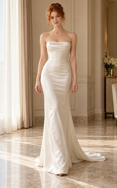 Simple Strapless Ruched Satin Fitted Bridal Train Wedding Dress