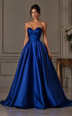 Vestido de fiesta de satén estilo princesa, sin tirantes, sin mangas y con pliegues, largo hasta el suelo.