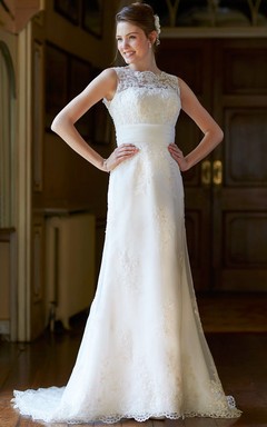 A-Line Bateau Appliqued Maxi Sleeveless Lace Wedding Dress With Low-V Back And Sweep Train