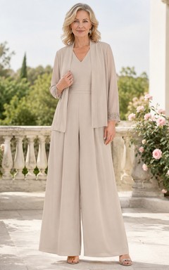 Mother Champagne Chiffon Jumpsuit with V-Neck Side Drape Jacket and Floor Length Pants