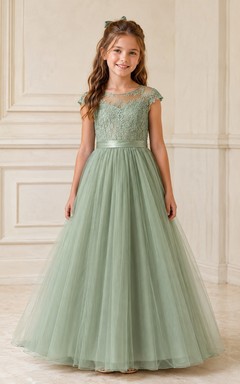 A-Line Tulle Lace Sage Flower Girl Elegant Dress