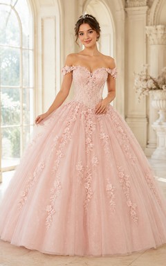 Blush Petite Off Shoulder Sweetheart Lace Quinceanera Princess Formal Ball Gown