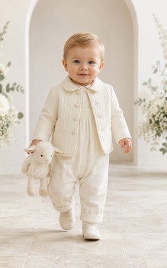 Conjunto de chaqueta de bautizo de manga larga con cuello de punto acanalado color crema para bebé niño