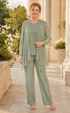 Sage Modest Long Sleeve Two Piece Layered Chiffon Older Brides Formal Elegant Pant Suit