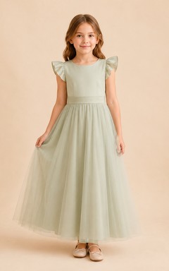 Sage Flutter Sleeve Tulle A-Line Flower Girl Dress with Jewel Neck, Tea-Length Skirt and Bow Detail