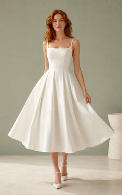 Robe de mariée midi en satin à encolure carrée minimaliste et jupe ample