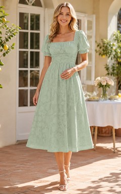 Mint square neck puff sleeve textured A-line midi dress