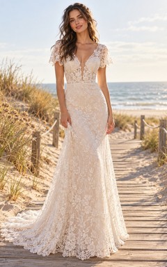Short Flutter Sleeve Plunge V-neck Fitted Lace Wedding Dress