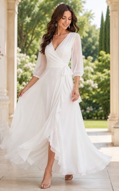 White Chiffon V-neck Three-quarter Sleeve A-Line Maxi Wrap Dress