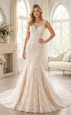 Champagne Lace Mermaid Bridal Dress V-neck Sleeveless Sweep Train Romantic