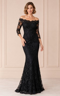Black Lace Off-Shoulder Long-Sleeve Mermaid Floor-Length Evening Dress