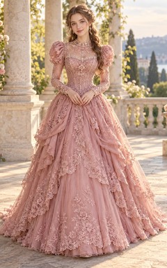 Victorian Dusty Rose High Neck Puff Sleeve Lace Ball Gown