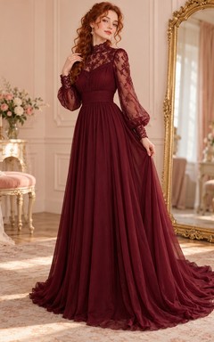 Robe de bal vintage bordeaux en mousseline de soie et dentelle, col montant et manches longues