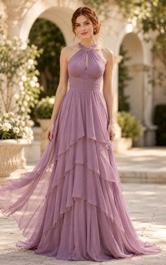 Vestido formal de gasa color malva con volantes escalonados