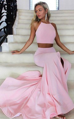 Mermaid Trumpet Two Piece Satin Halter Sleeveless Zipper Dress