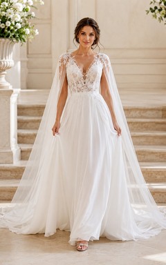 Bridal Lace V-Neck Sleeveless Appliqued Chapel-Train Ball Gown with Cape