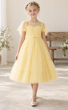 Daffodil Sweetheart Illusion Pearl Flutter Sleeve Pleated Tea-length A-Line Tiered Tulle Bow Flowergirl Dress