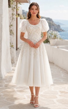 Pearl-Accented Scoop Neck Short Sleeve Chiffon A-Line Tea-Length Wedding Dress