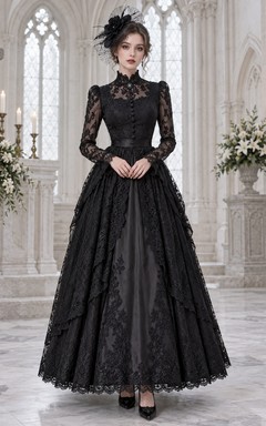 Gothic Schwarzes, hochgeschlossenes, langärmeliges, formelles Trauerkleid mit Spitzeneinsatz