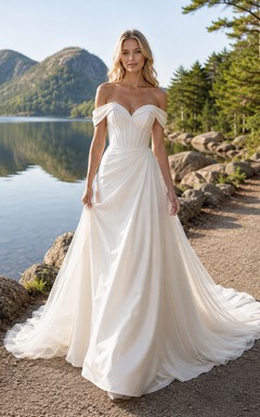 Robe de mariée en satin mousseline drapé à épaules dénudées, coupe trapèze, traîne chapelle, style bord de lac