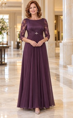 Vestido de novia de corte imperio, largo hasta el suelo, con escote barco, encaje y mangas tres cuartos, color ciruela, ideal para la madre de la novia.