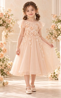 Blush Flutter Sleeve Petal Applique Tea-length Flower Girl Dress