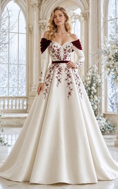 Burgunderrotes, romantisches Luxus-Brautkleid im A-Linien-Stil für den Winter mit schulterfreiem Schnitt, langen Ärmeln und Kapellenschleppe