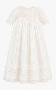 Vestido de bautizo vintage modesto, corte en A, manga corta, encaje de algodón, largo hasta la rodilla, con fajín de lazo, color crema.