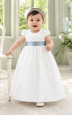 Baby Baptism Christening Ceremony Gown A-Line Floor-Length Jewel Neck Cap Sleeve Satin Tulle Ribbon Sash Bow Back Button Back