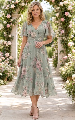 Sage floral V neck flutter sleeve midi wedding guest dress