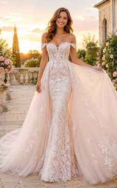 Robe de mariée sirène en dentelle et tulle, épaules dénudées, manches courtes et traîne chapelle