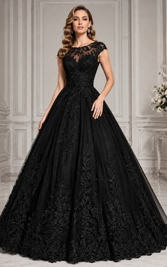 Black Elegant Luxury Jewel Short-Sleeve Lace Ball-Gown Floor-Length Evening Dress