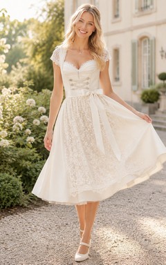 Bridal Dirndl V Neck Cap Lace Sleeve Dotted Apron Tea Wedding Dress