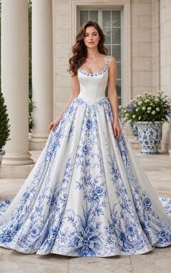 Himmelblaues, botanisches A-Linien-Brautkleid mit Rundhalsausschnitt, ärmellos, aus Spitze und Tüll