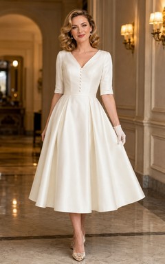 Vintage Teelanges Brautkleid aus Satin mit V-Ausschnitt, halben Ärmeln, Knöpfen und A-Linien-Schnitt