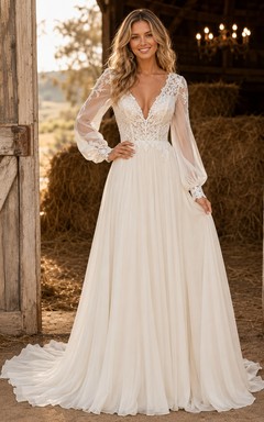 Vestido de novia campestre de gasa y encaje, corte A, escote en V, manga larga, cola capilla, espalda baja en V.