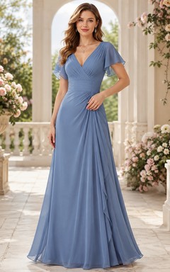 Slate Blue Chiffon Short Sleeve A-Line V-Neck Floor Length Bridesmaid Gown