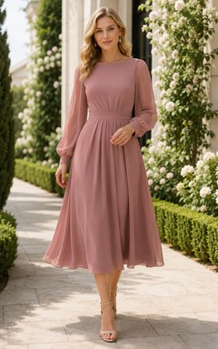 Vestido largo de gasa color rosa empolvado de manga larga hasta la rodilla