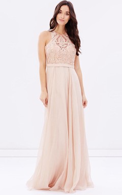 Sheath Sleeveless Appliqued Scoop Neck Chiffon Blush Bridesmaid Dress With Sequins