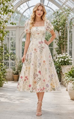 Light Floral Square Neck Puff Sleeve Midi Dress