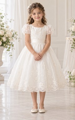 Tea-length Ivory A-line Lace Tulle Puff-sleeve Scalloped V-back Flower Girl Dress