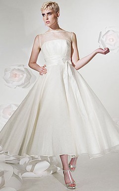 A-Line Tea-Length Sleeveless Jewel-Neck Tulle&Satin Wedding Dress With Ribbon And Illusion