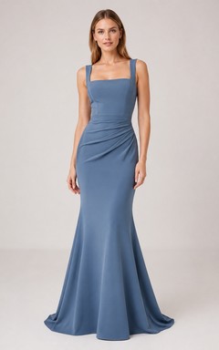 Robe de bal sirène sans manches à col carré en satin stretch bleu acier, longueur au sol, col carré