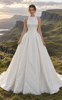 Vestido de novia sencillo de tafetán con cuello alto, corte en A, cintura puntiaguda y falda plisada.