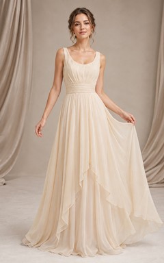 Champagne Square Neck Pleated Chiffon Gown Classic Occasion