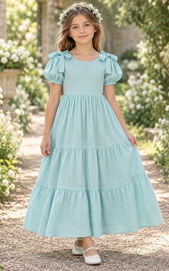 Aqua Puff Sleeve Shoulder Bow Tiered Cotton A-line Flower Girl Dress