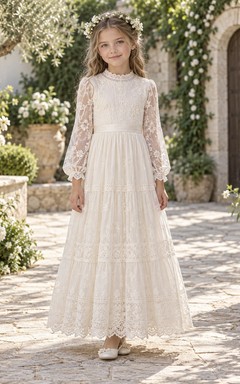 Modest Long Sleeve Ivory High Neck Lace First Communion Dress